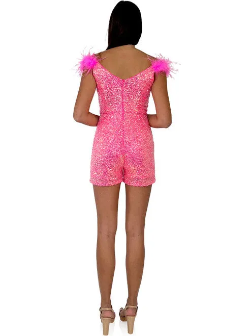 Marc Defang 8252 Size 0, 8 Hot Pink Short Sequin Pageant Romper off the shoulder feather v neck fun fashion