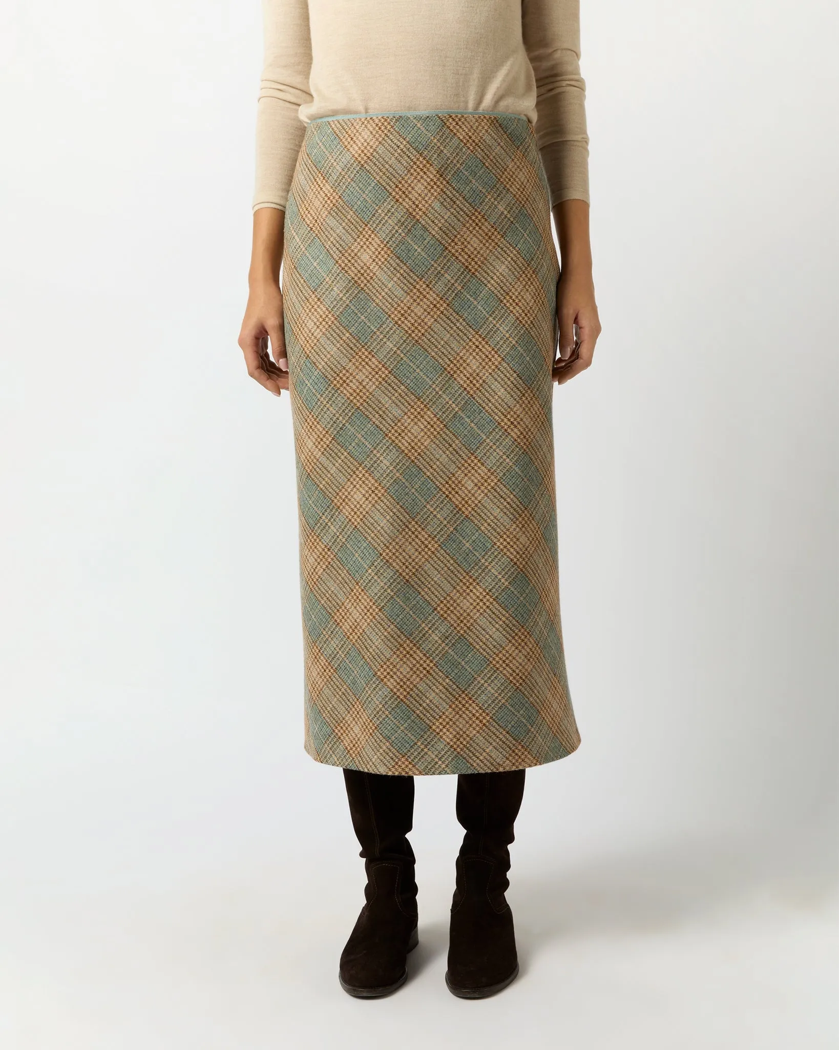 Marina Side-Zip Skirt in Camel/Mist Large Plaid Wool