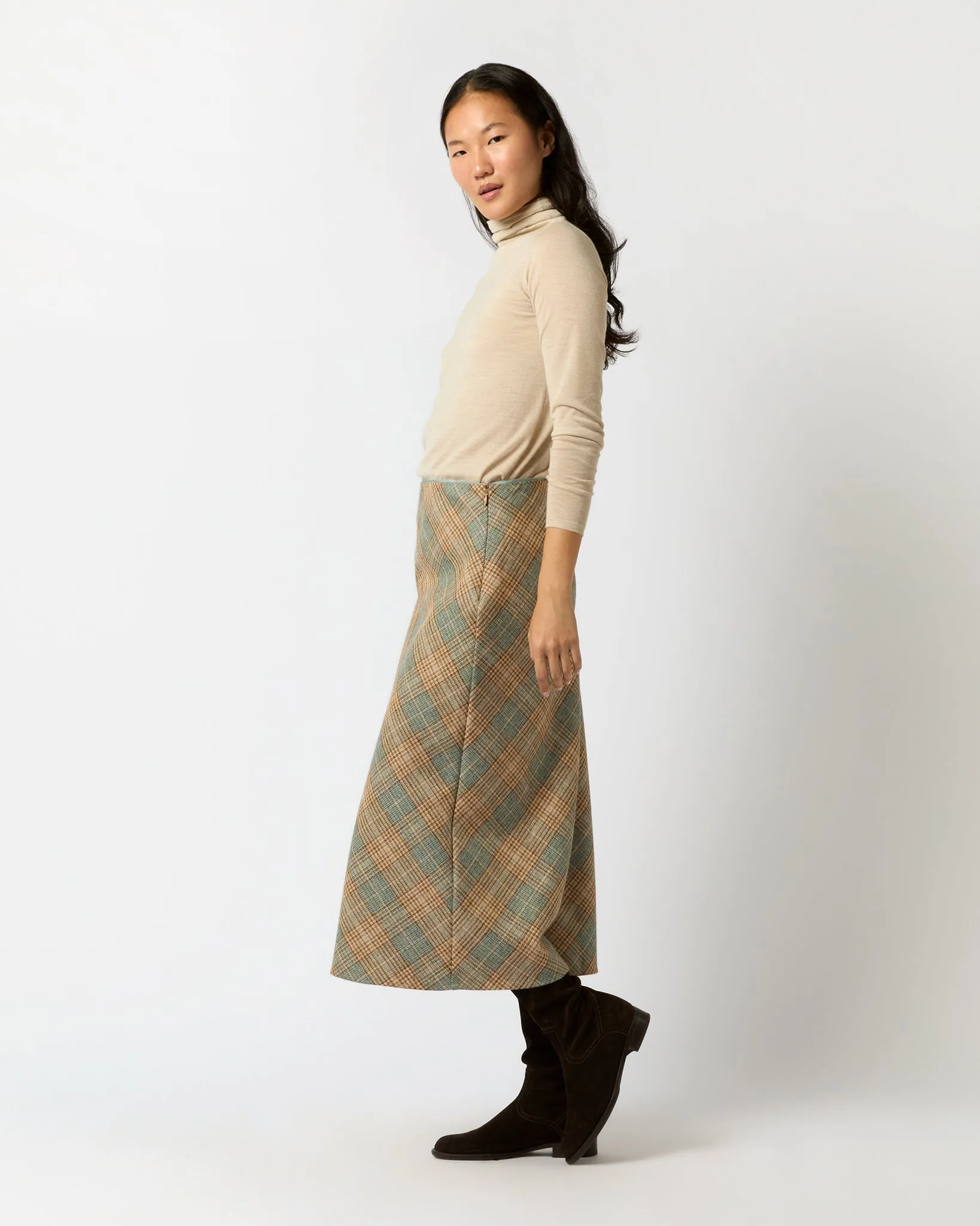 Marina Side-Zip Skirt in Camel/Mist Large Plaid Wool