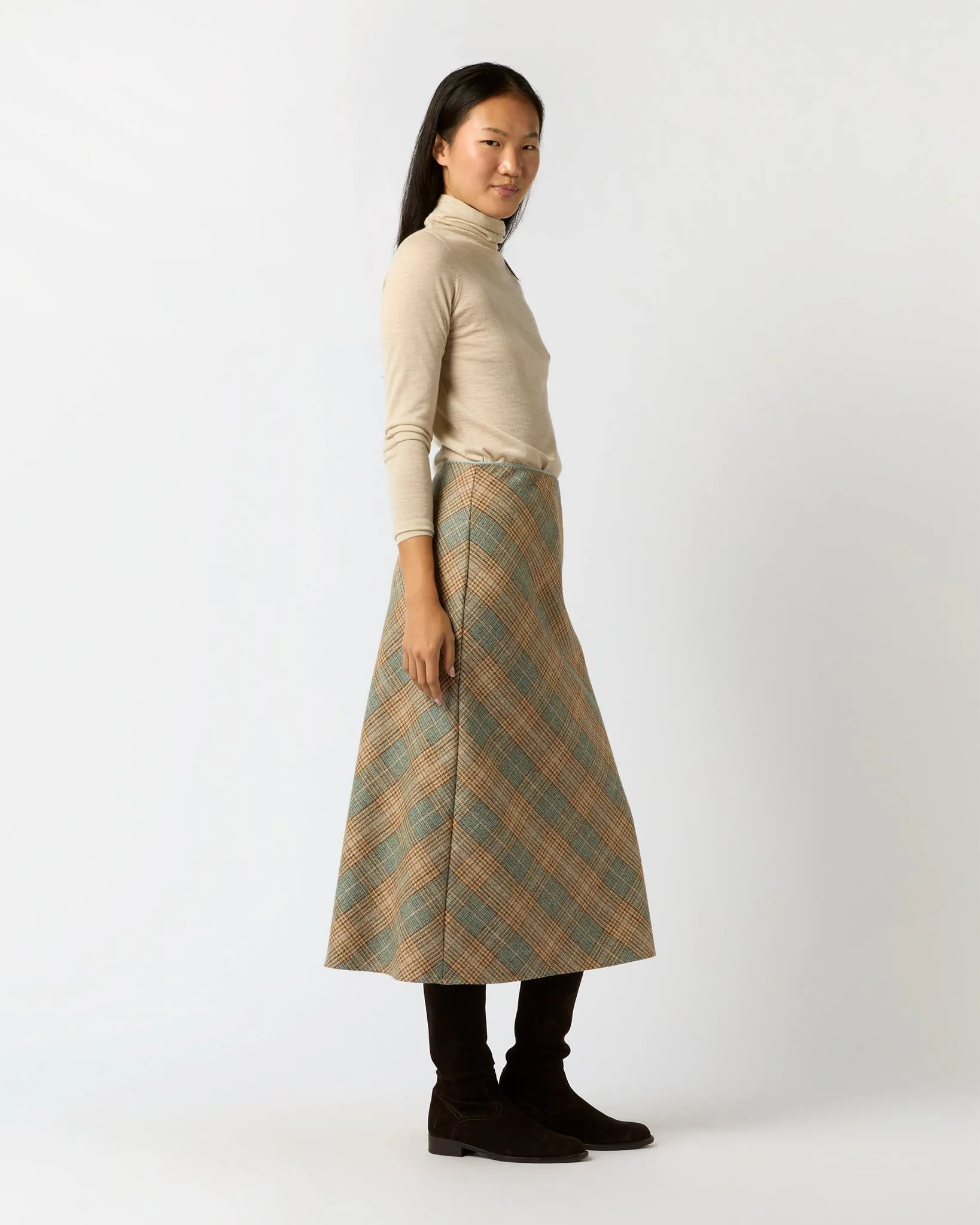 Marina Side-Zip Skirt in Camel/Mist Large Plaid Wool