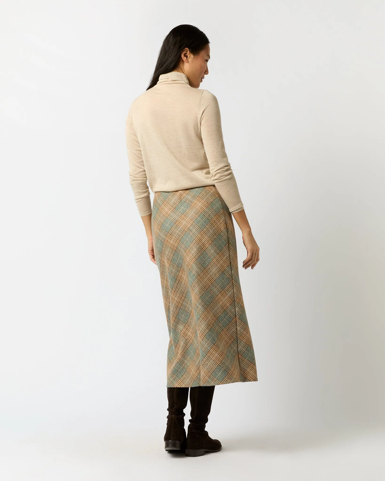 Marina Side-Zip Skirt in Camel/Mist Large Plaid Wool