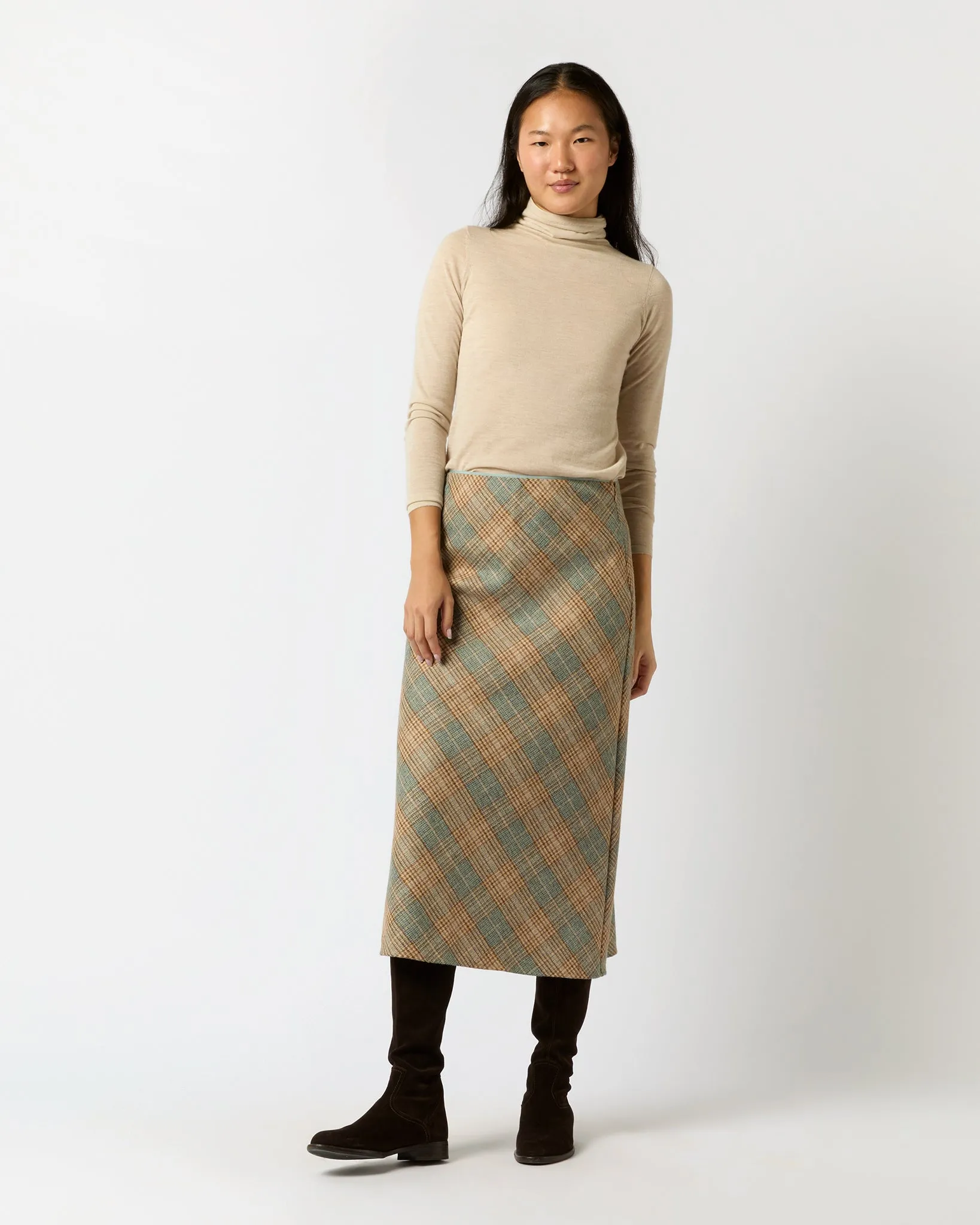 Marina Side-Zip Skirt in Camel/Mist Large Plaid Wool