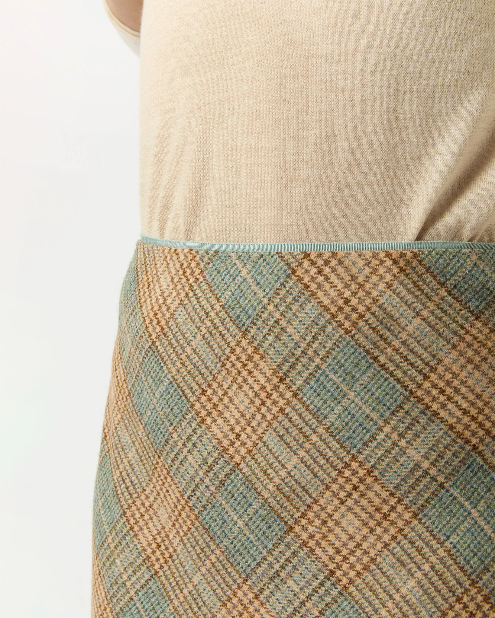 Marina Side-Zip Skirt in Camel/Mist Large Plaid Wool