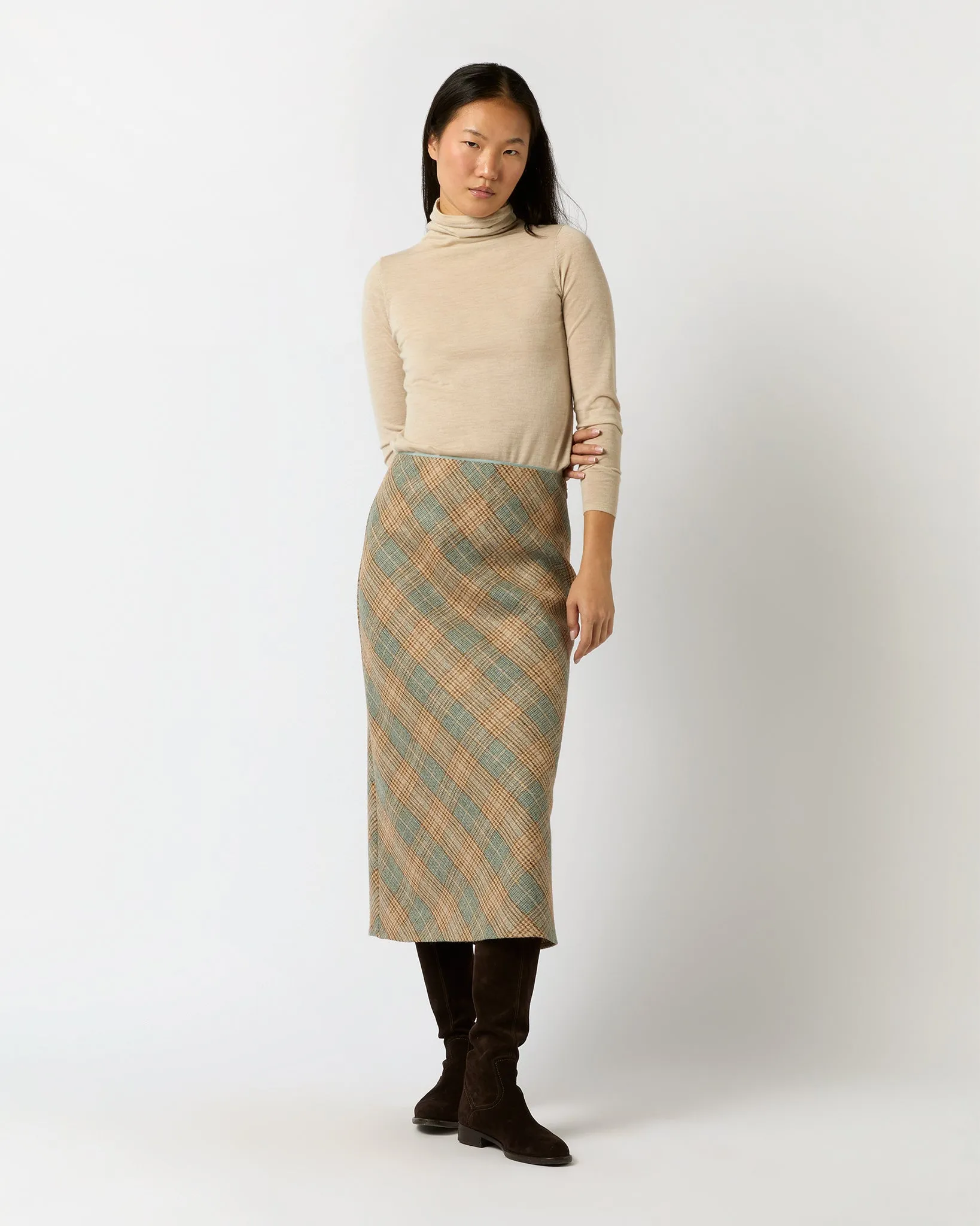 Marina Side-Zip Skirt in Camel/Mist Large Plaid Wool