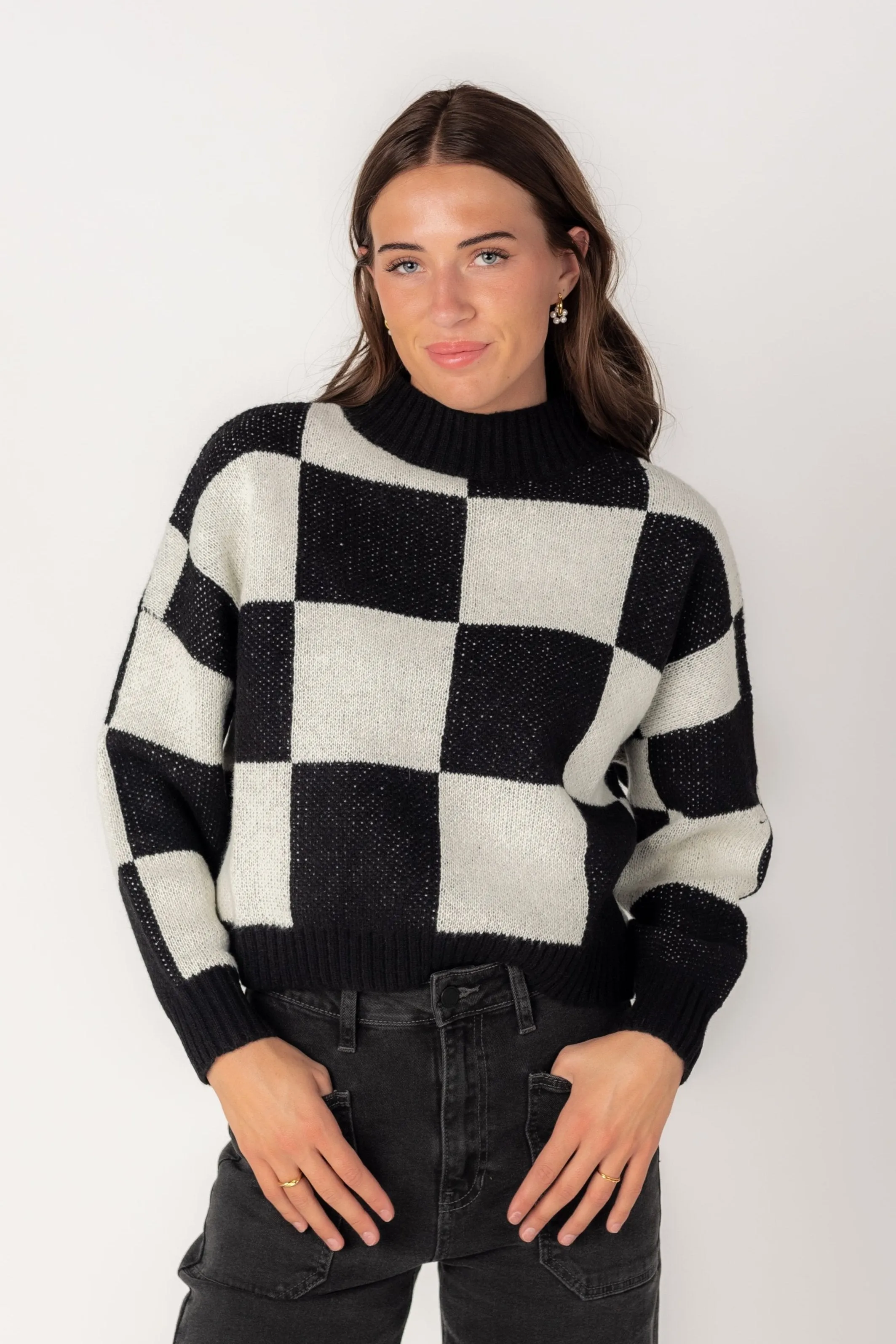 Martha Checkered Mock Knit Sweater