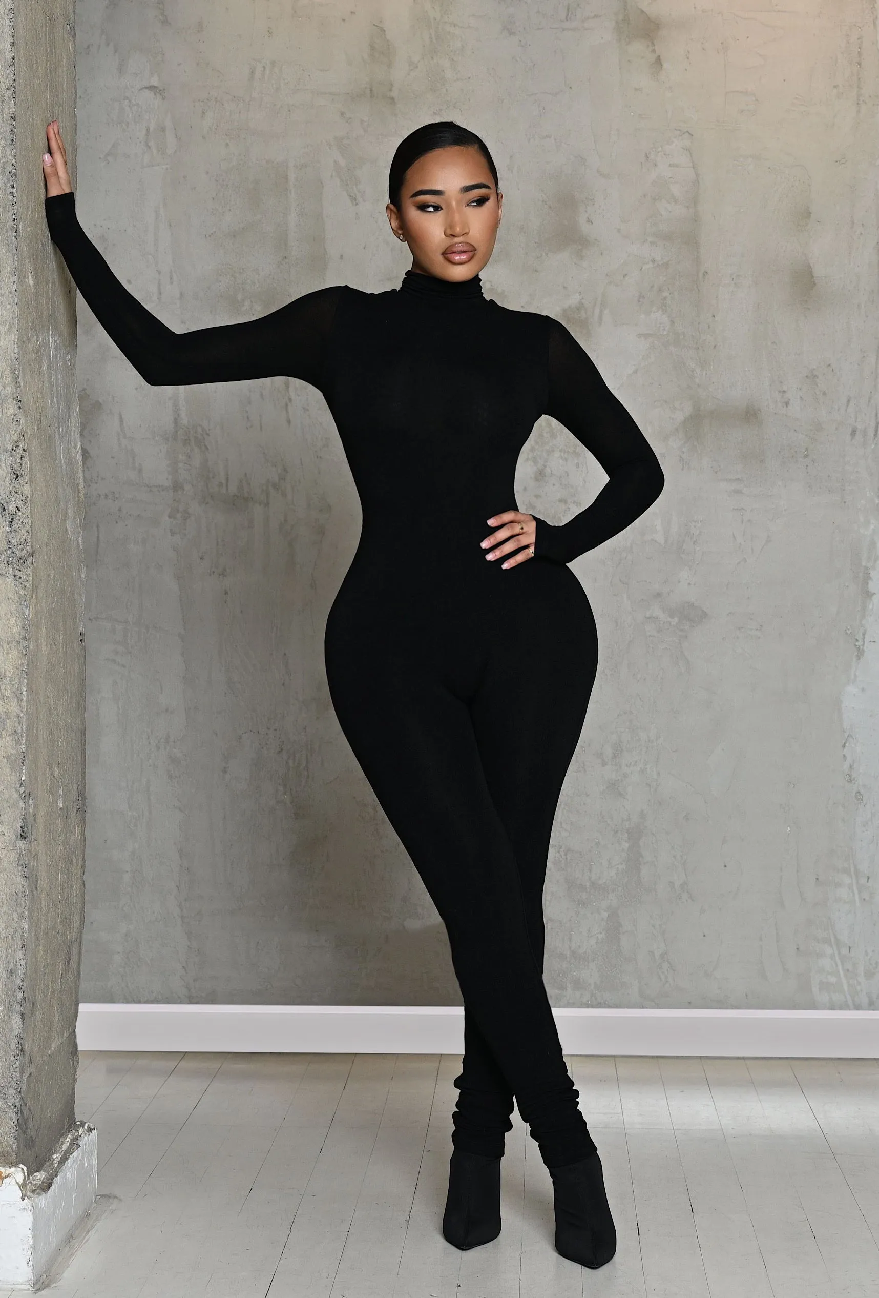 Matte Basix Sculpt Turtle Neck Jumpsuit - Black