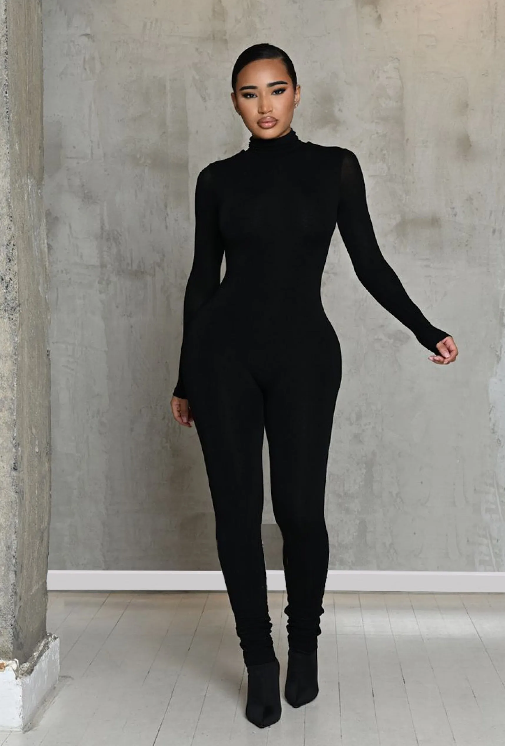 Matte Basix Sculpt Turtle Neck Jumpsuit - Black