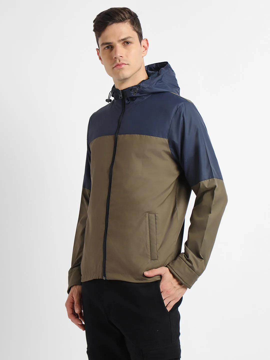 Men's Hooded Regular Fit Colourblock Military Jackets