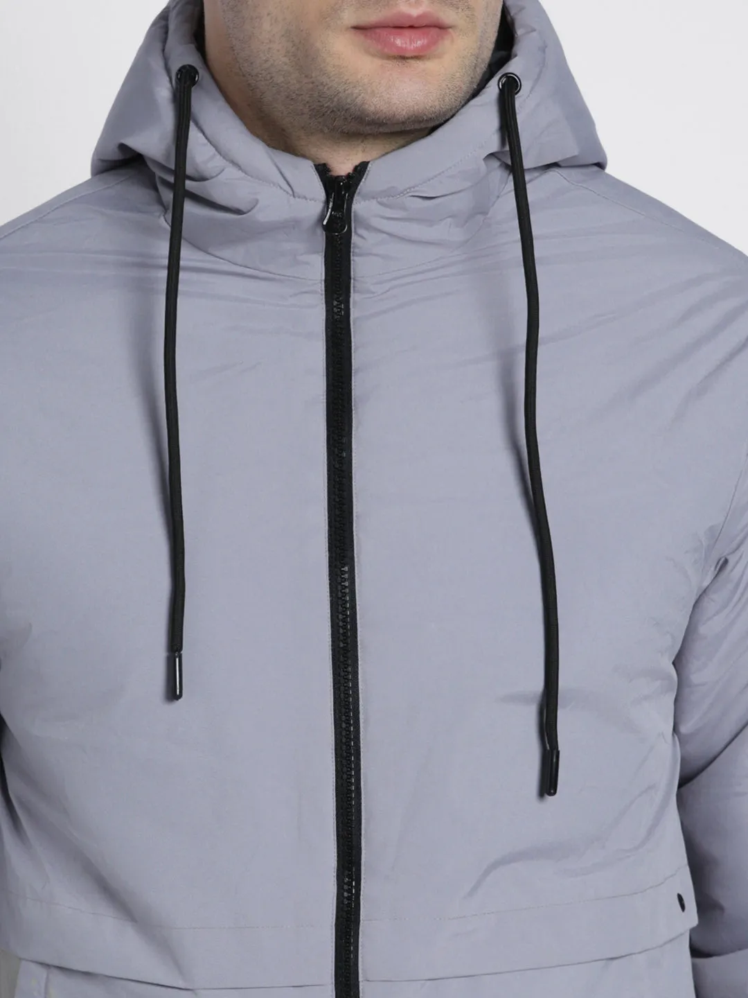 Men's Hooded Regular Fit Solid Panelled Grey Sky Jackets