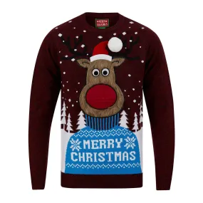 Mens Merry Reindeer Fluffy Rudolph Christmas Jumper