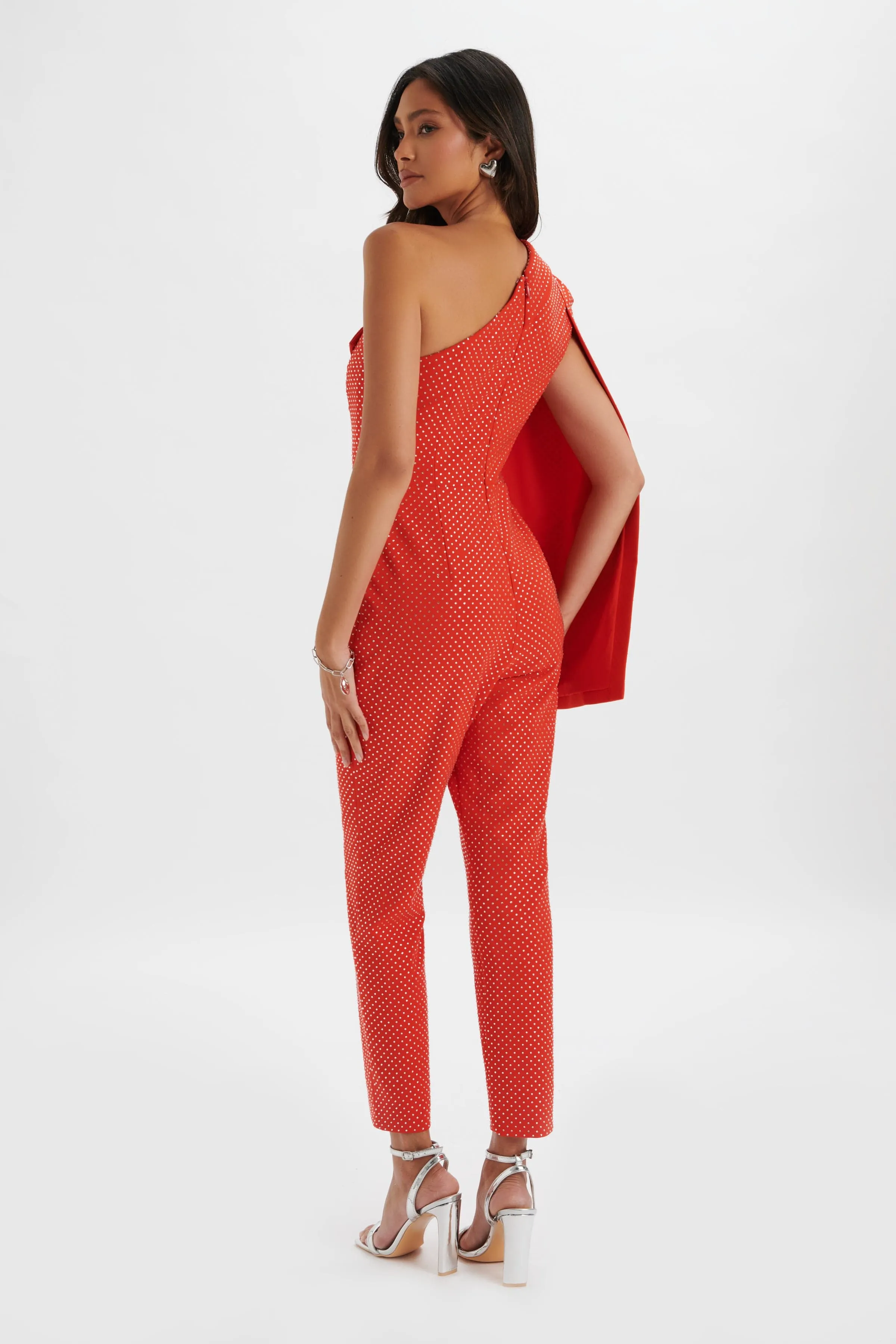 MISCHA Crystal Embellished One Shoulder Cape Jumpsuit in Red