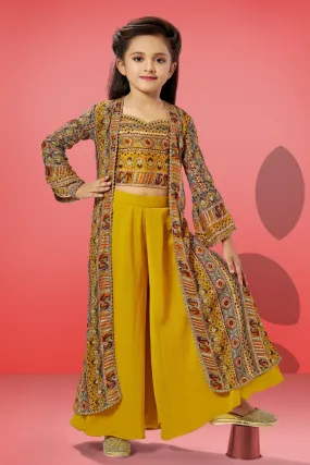 Mustard Yellow Multicolor Digital Print Overcoat Styled Palazzo Set for Girls