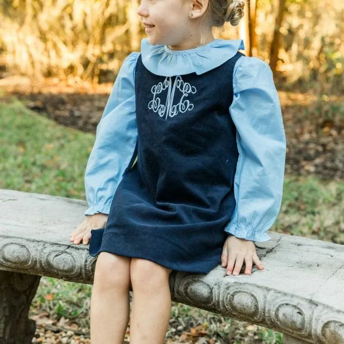 Navy Cord Jumper w/Cornflower Blouse