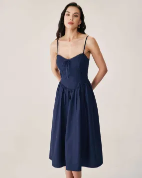 Navy Shirred Slip Midi Dress