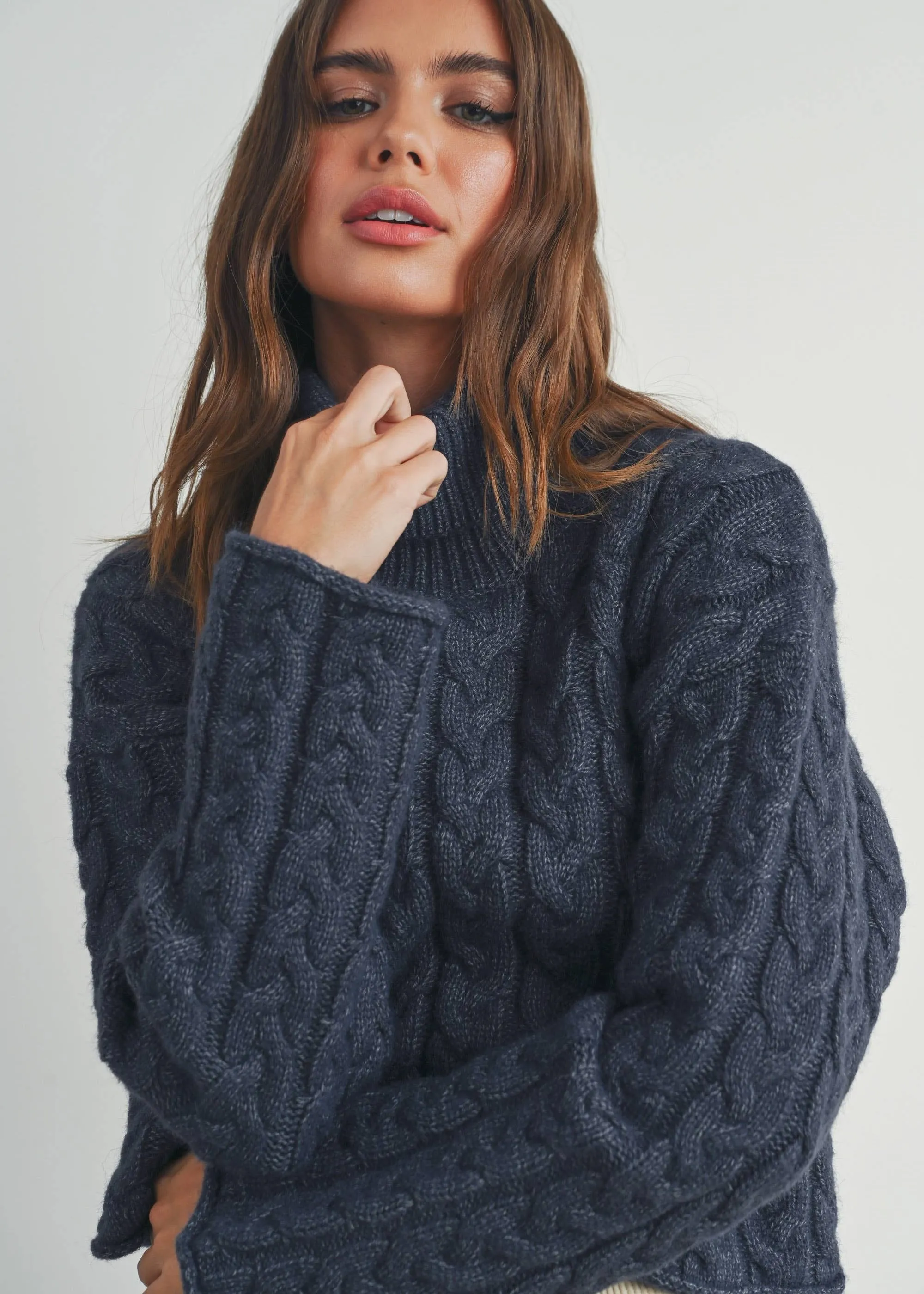 No Nonsense Navy Cable Knit Cropped Turtleneck