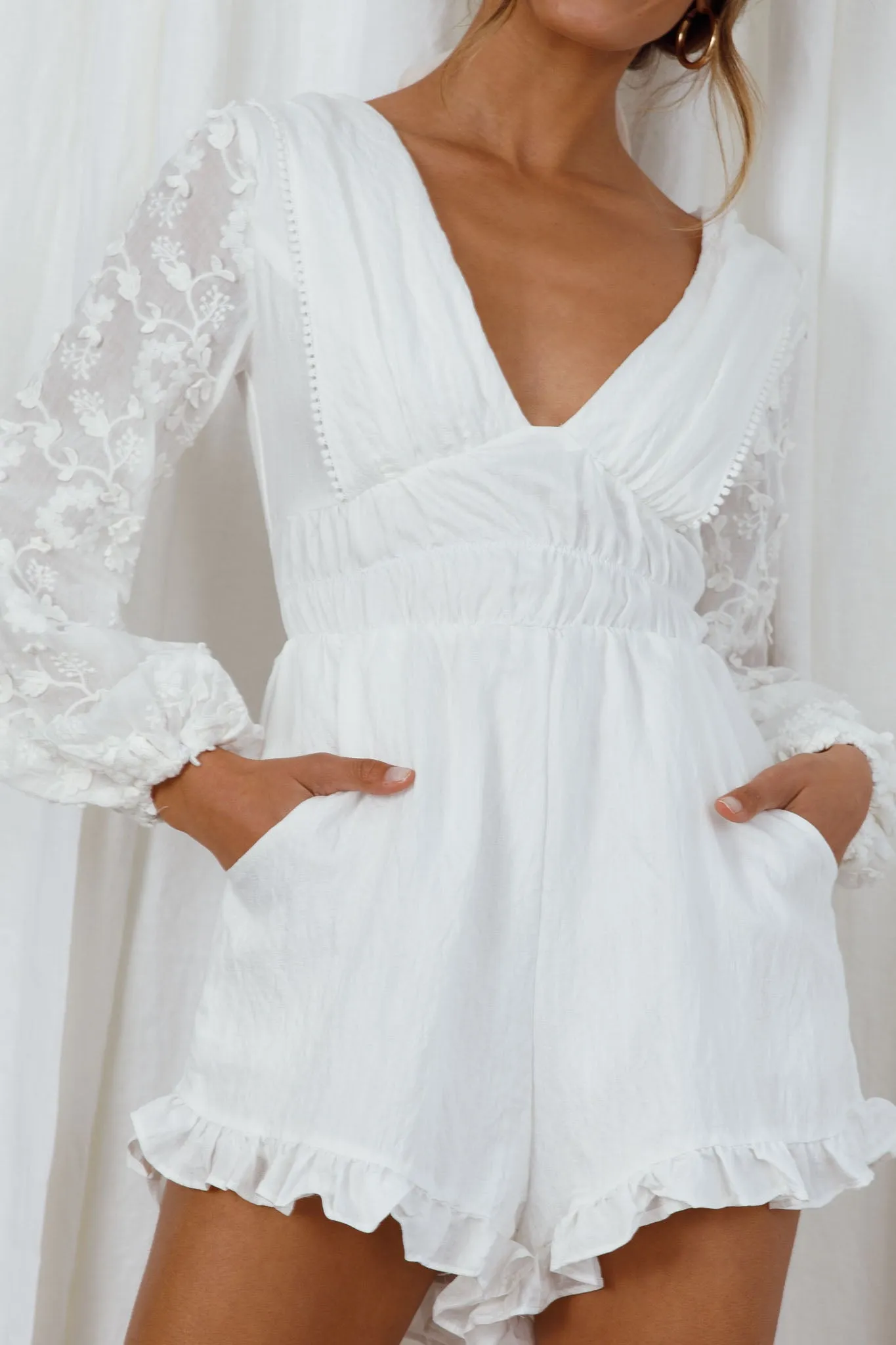 Novella Long Embellished Sleeve Frill Trim Romper White