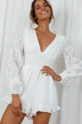 Novella Long Embellished Sleeve Frill Trim Romper White