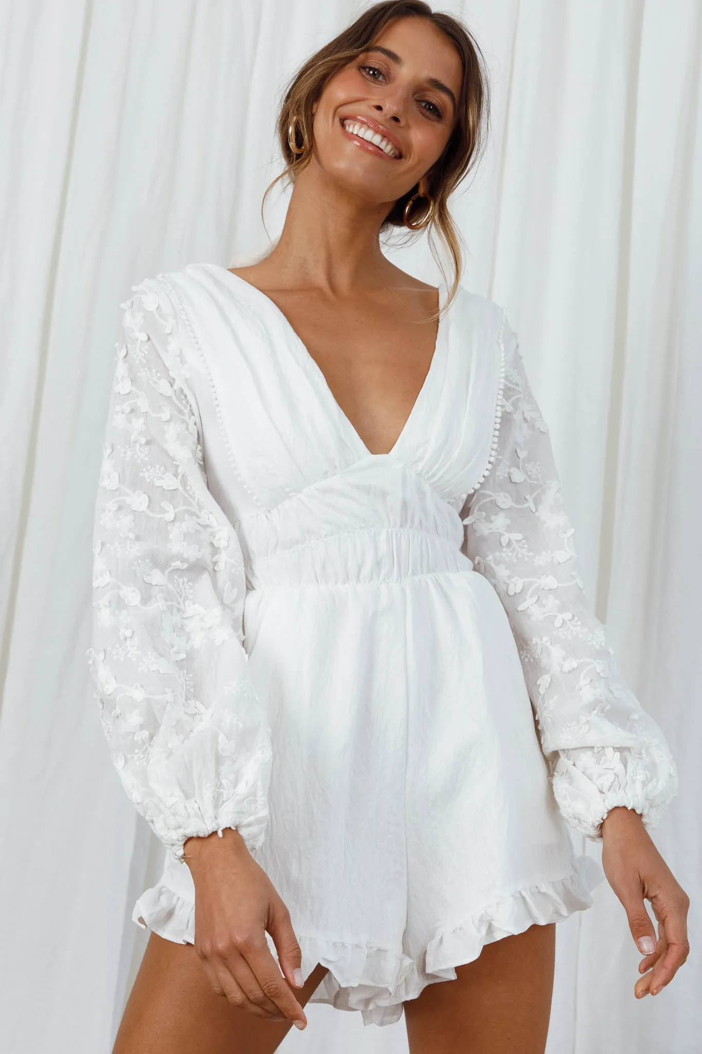 Novella Long Embellished Sleeve Frill Trim Romper White