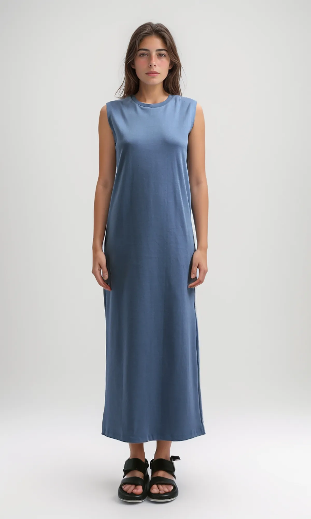 O197717 Sleeveless Solid Feminine Midi Dress - Jeans Blue