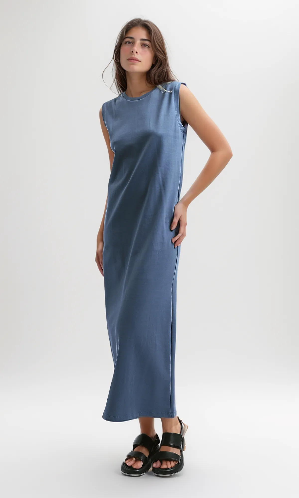 O197717 Sleeveless Solid Feminine Midi Dress - Jeans Blue