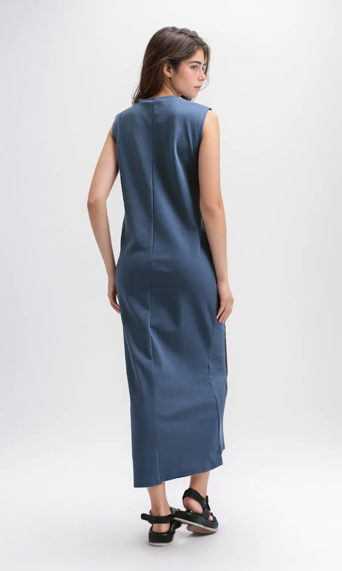 O197717 Sleeveless Solid Feminine Midi Dress - Jeans Blue