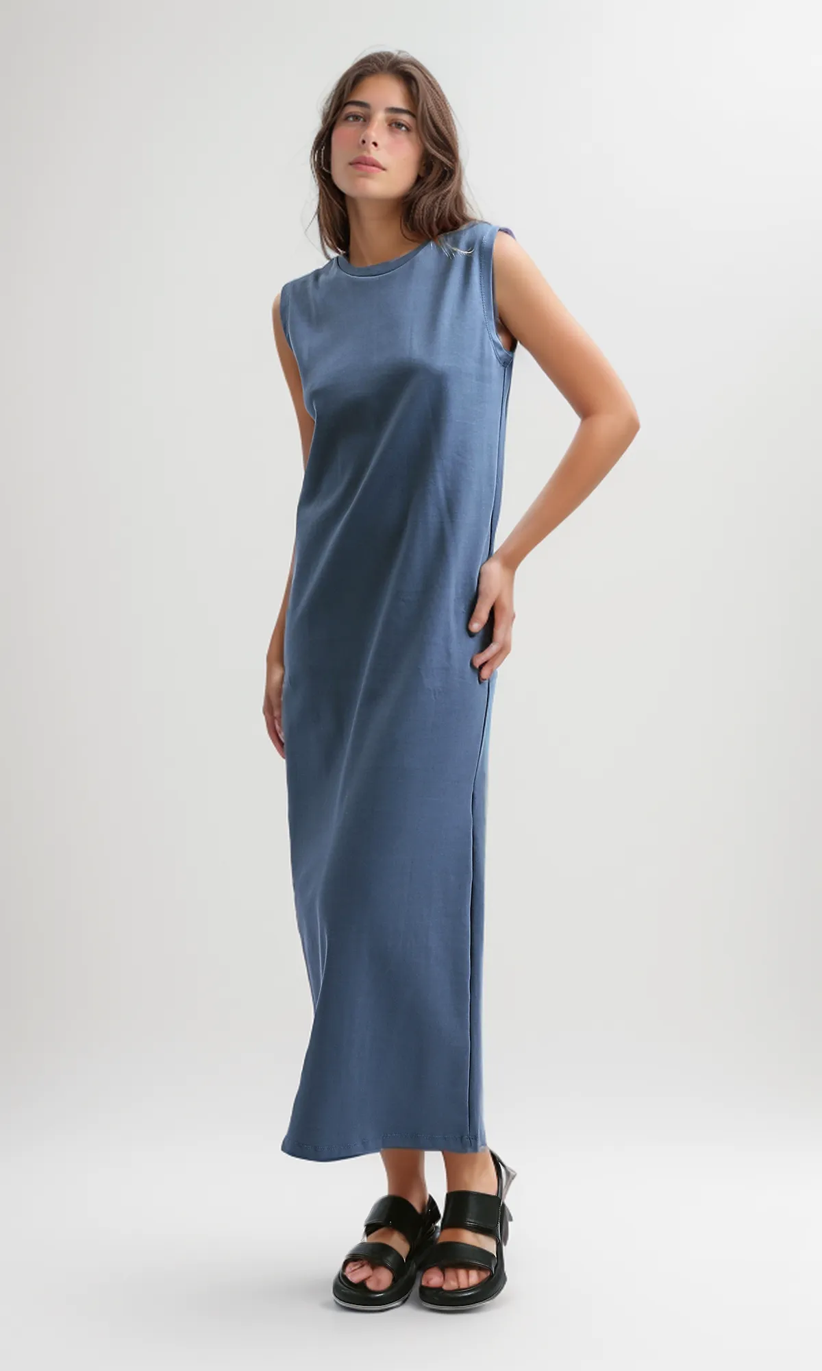 O197717 Sleeveless Solid Feminine Midi Dress - Jeans Blue