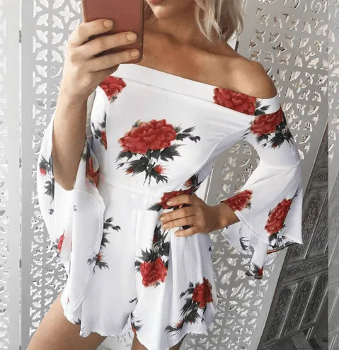 OFF-THE-SHOULDER FLORAL ROMPER WITH FLARE SLEEVES