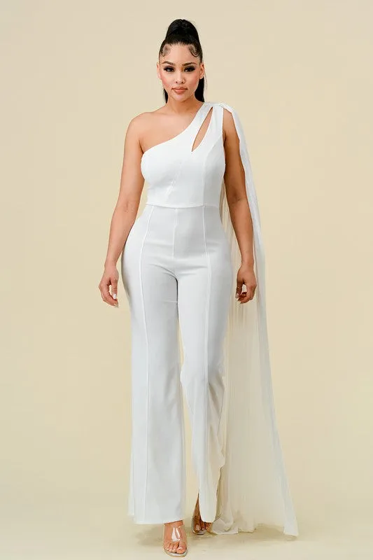 Off White One Shoulder Cut Out With Pleats Layer Jumpsuit