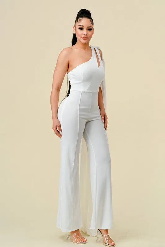 Off White One Shoulder Cut Out With Pleats Layer Jumpsuit