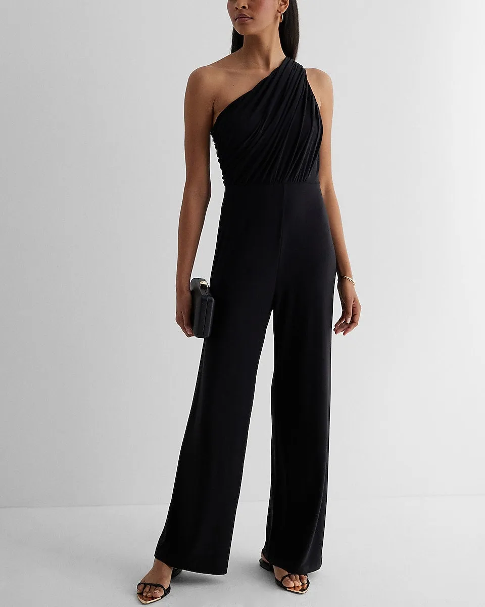 One Shoulder Ruched Wide Leg Jumpsuit in Pitch Black