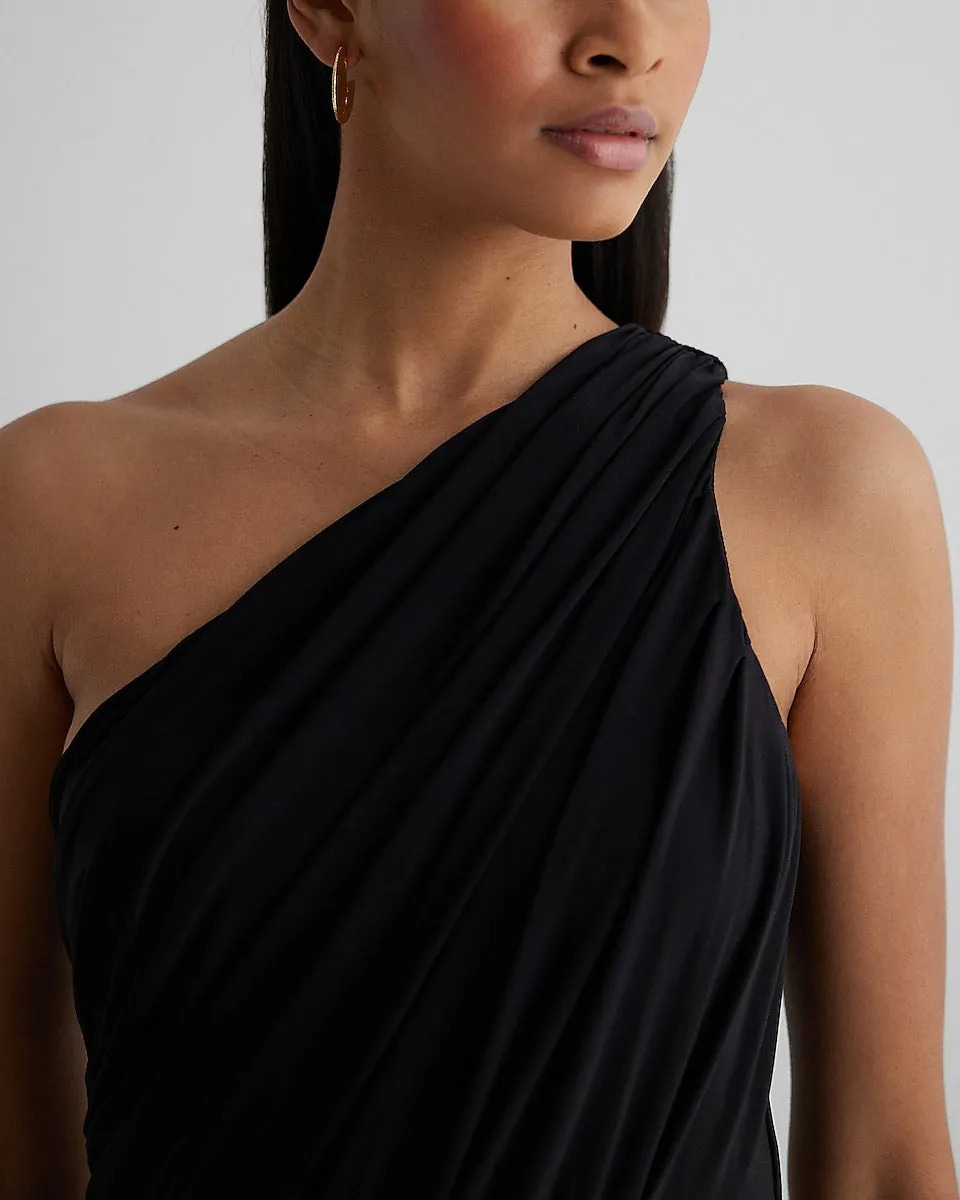 One Shoulder Ruched Wide Leg Jumpsuit in Pitch Black