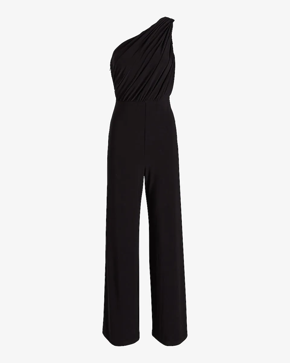 One Shoulder Ruched Wide Leg Jumpsuit in Pitch Black