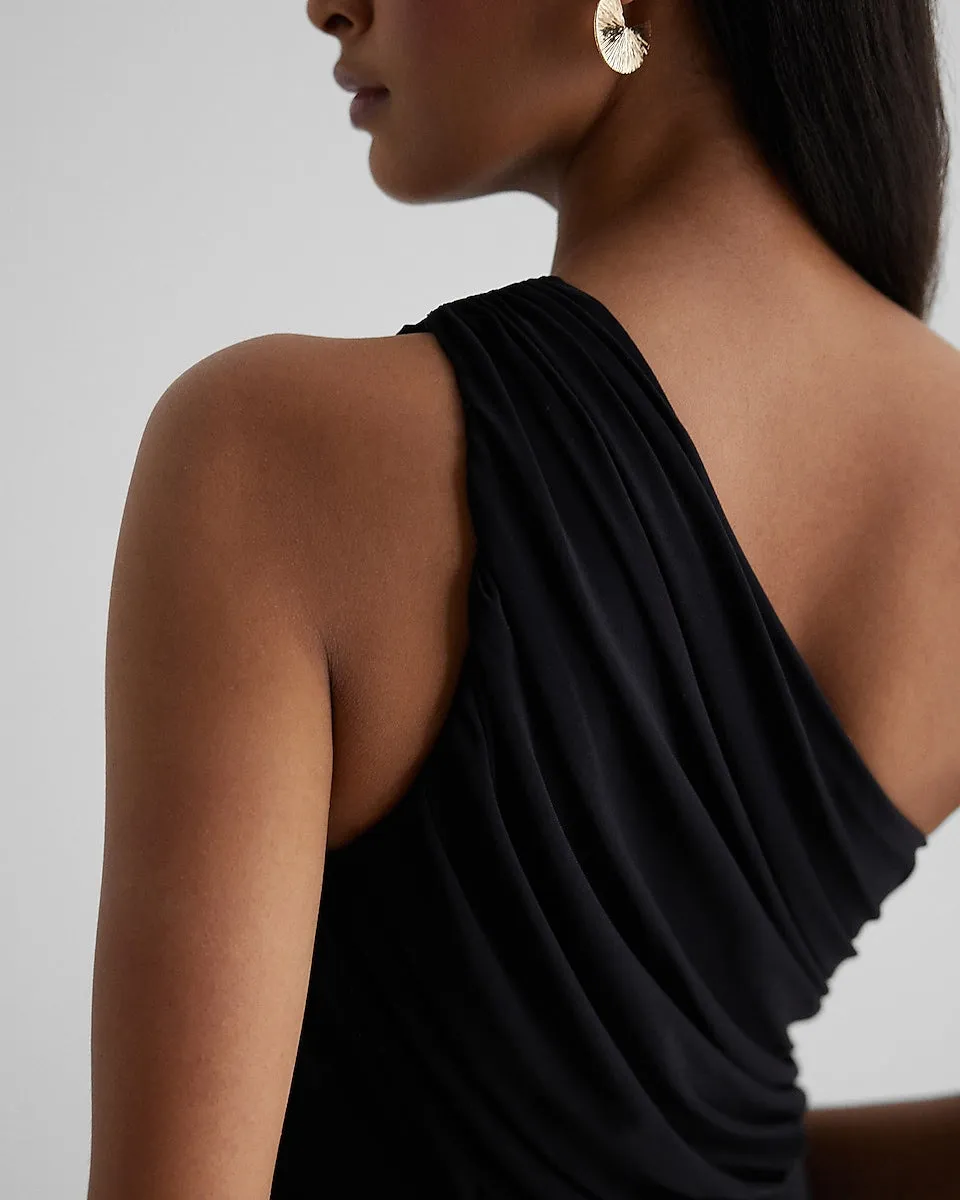 One Shoulder Ruched Wide Leg Jumpsuit in Pitch Black