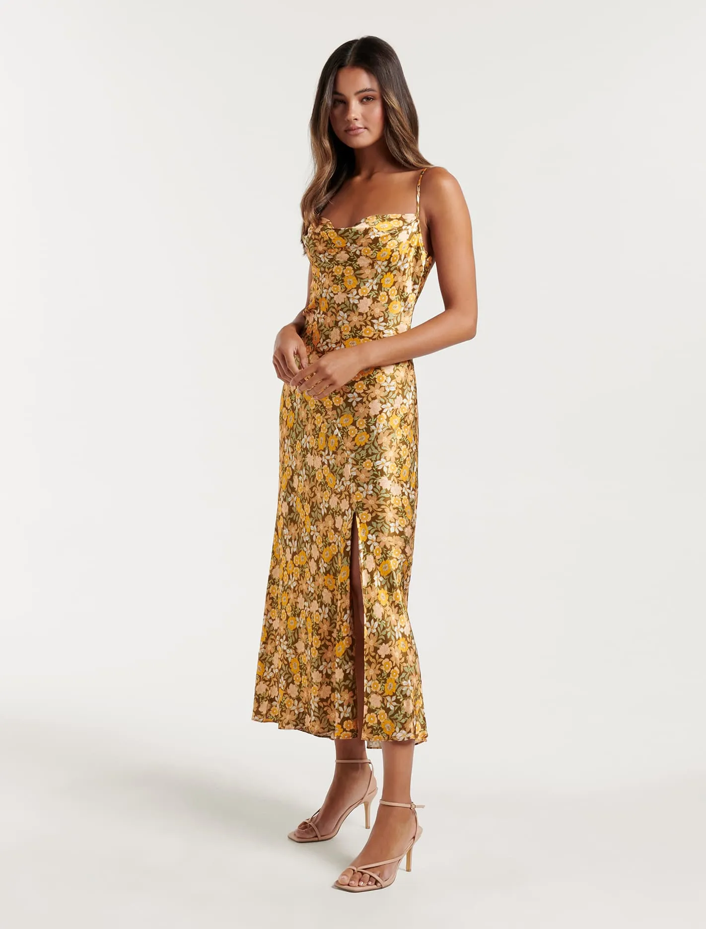 Opal Bias Cowl Printed Satin Slip Dress