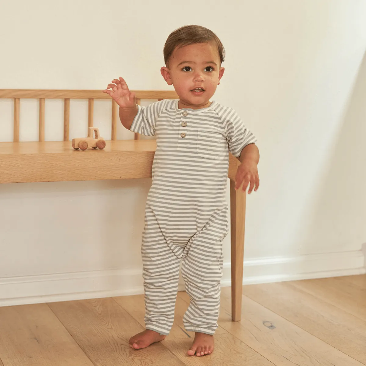 Organic Short Sleeve Jumpsuit - Dusty Blue Stripe