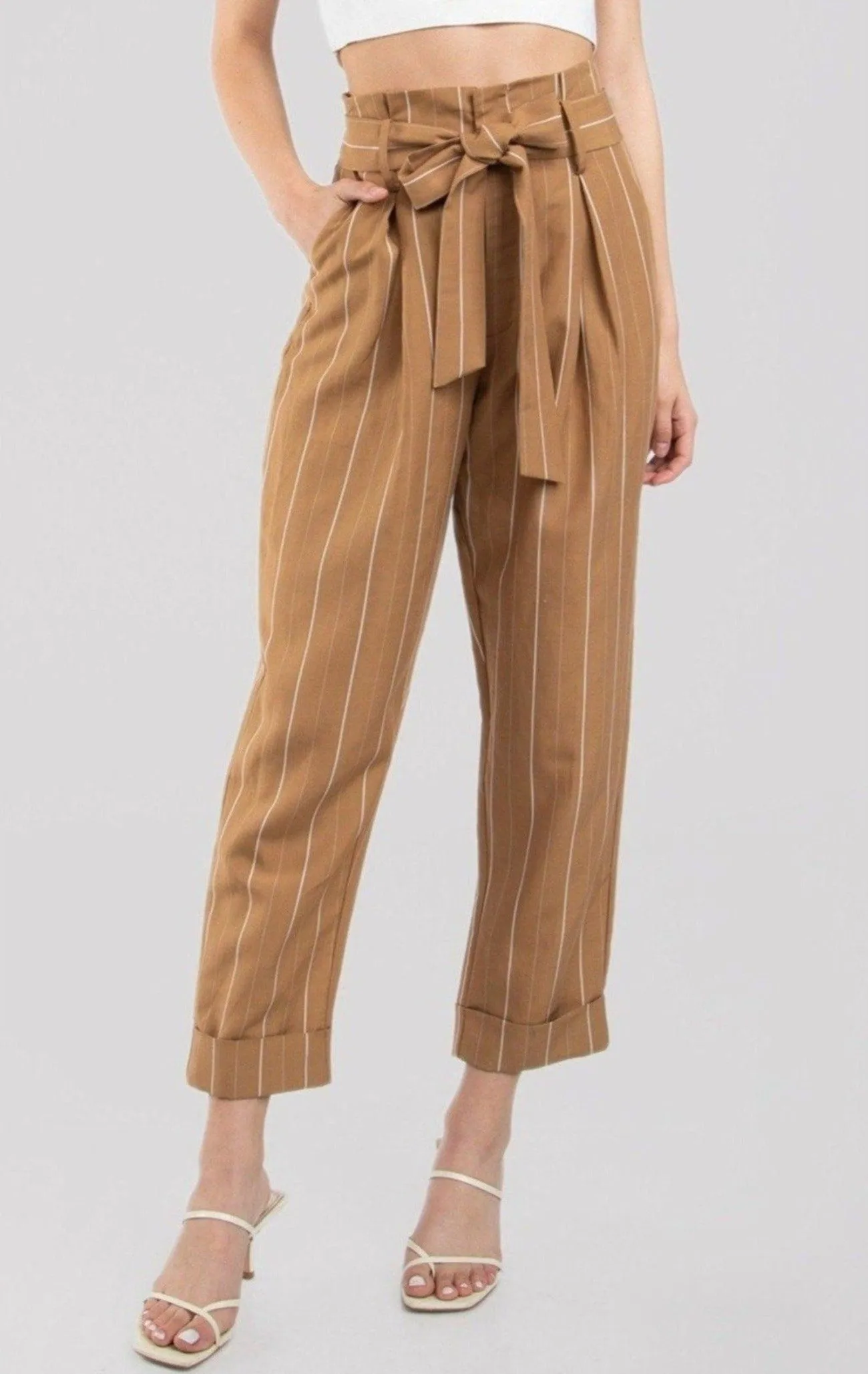 Paperbag Waist Belted Pinstripe Pants