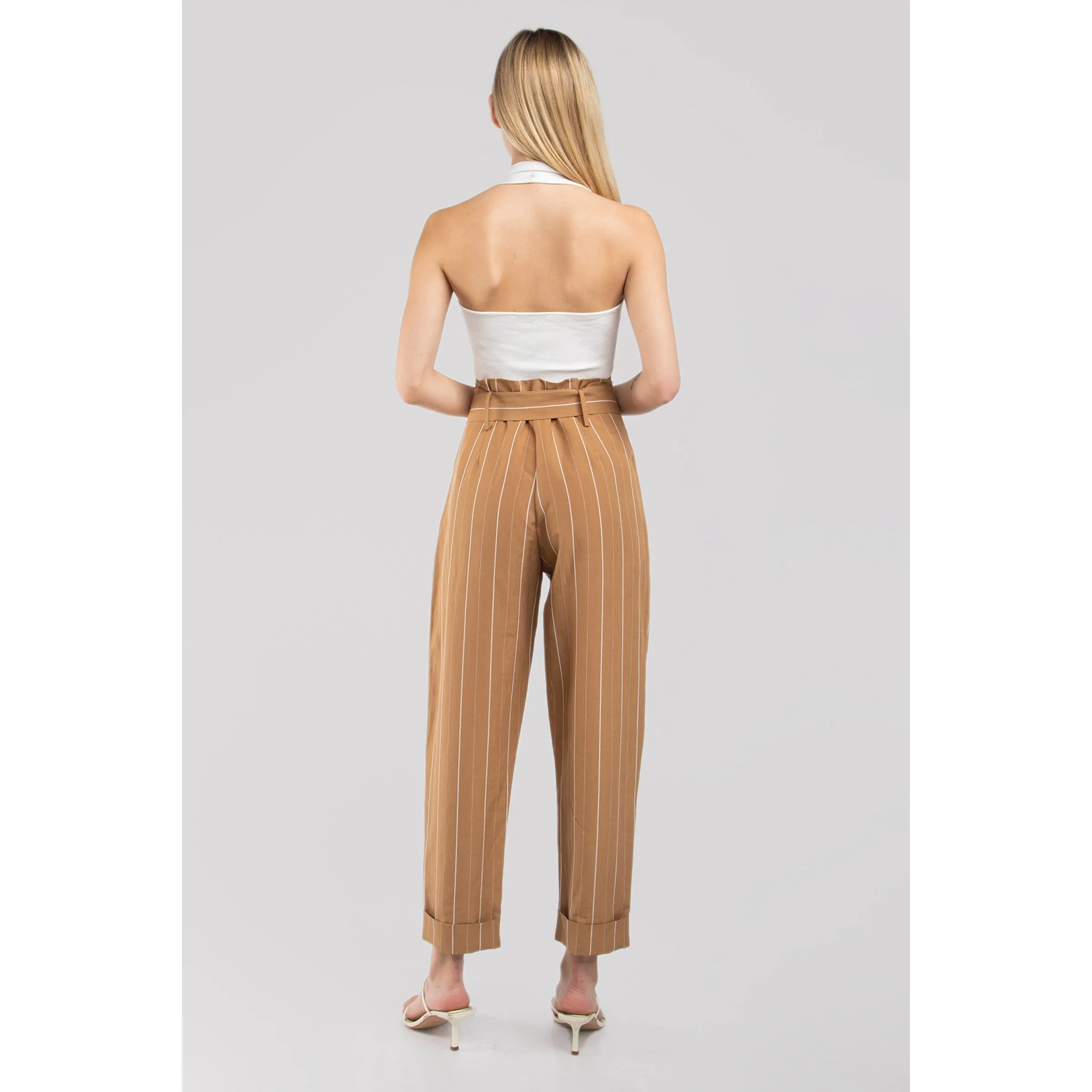 Paperbag Waist Belted Pinstripe Pants