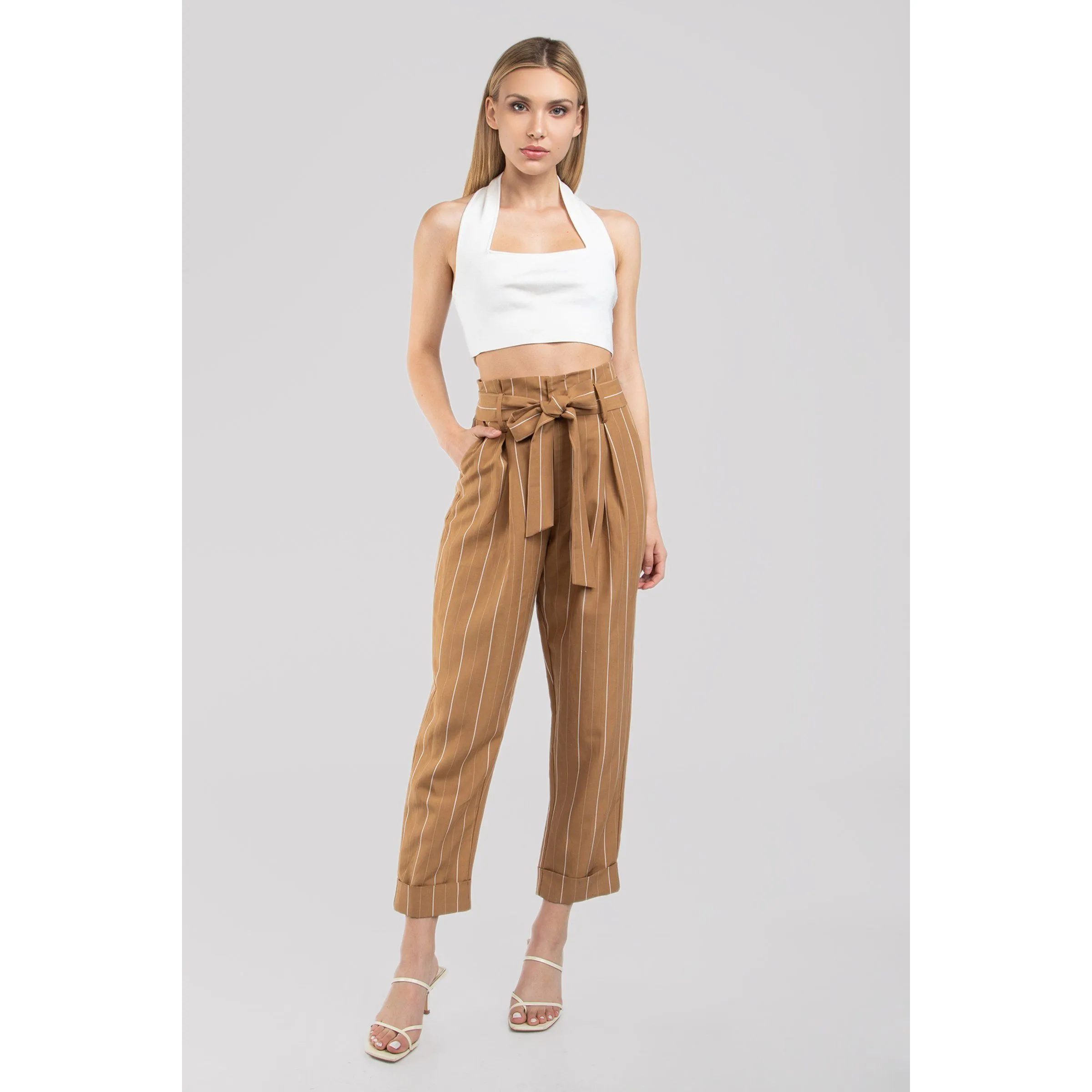 Paperbag Waist Belted Pinstripe Pants