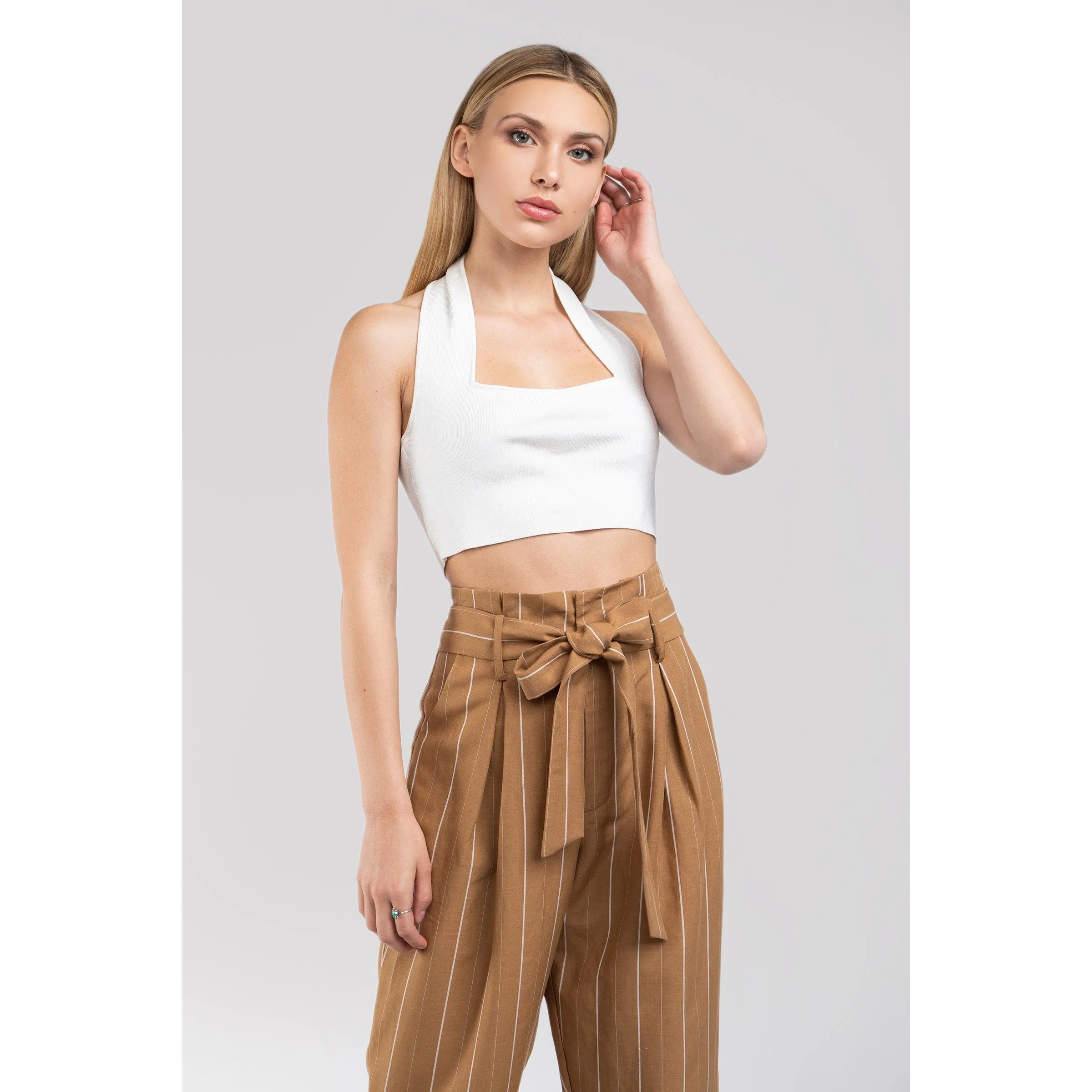 Paperbag Waist Belted Pinstripe Pants