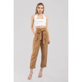 Paperbag Waist Belted Pinstripe Pants