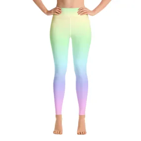 Pastel Rainbow Ombre Yoga Leggings Women, Tie Dye Gradient Kawaii Colorful High Waisted Pants Cute Printed Workout Gym Designer Tights