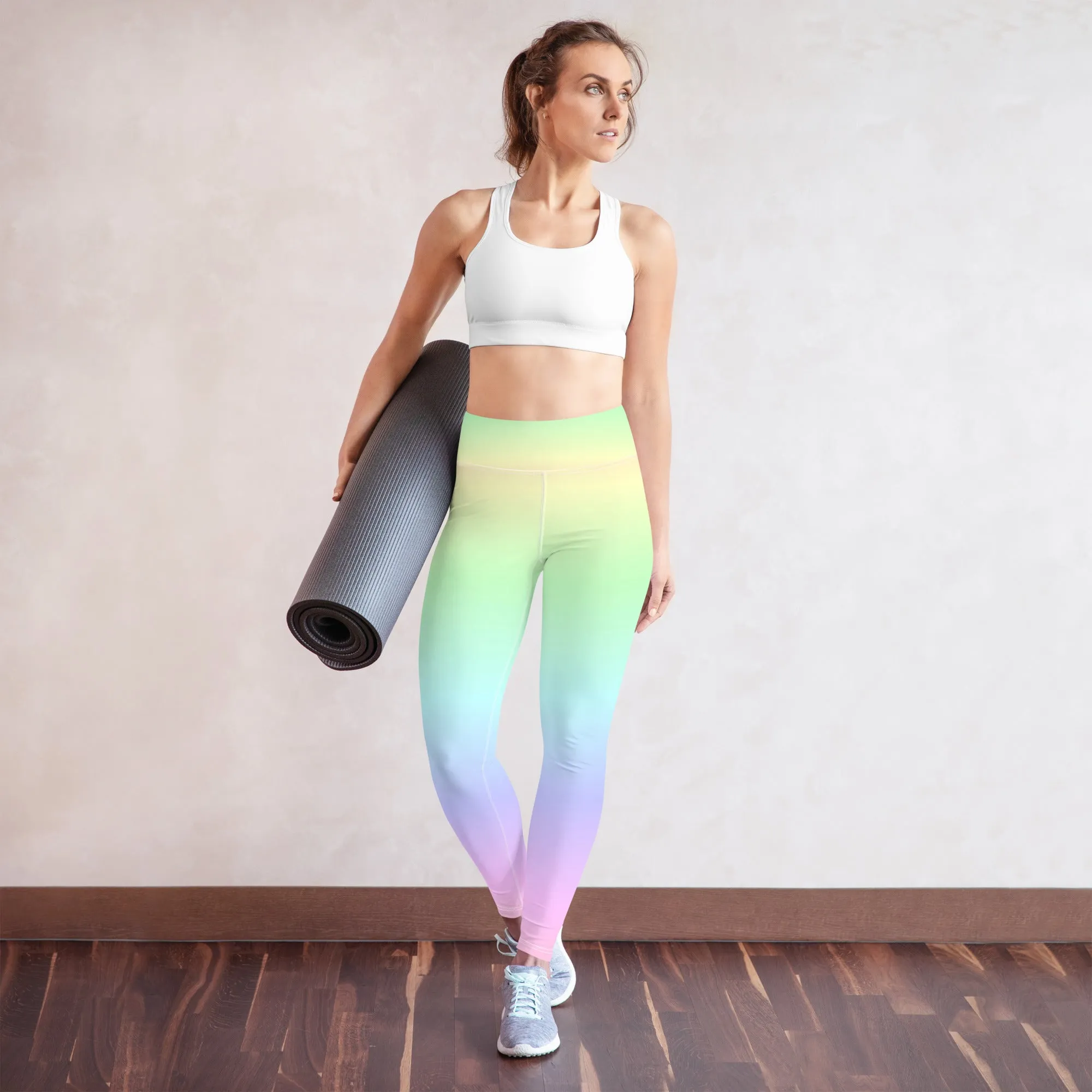 Pastel Rainbow Ombre Yoga Leggings Women, Tie Dye Gradient Kawaii Colorful High Waisted Pants Cute Printed Workout Gym Designer Tights