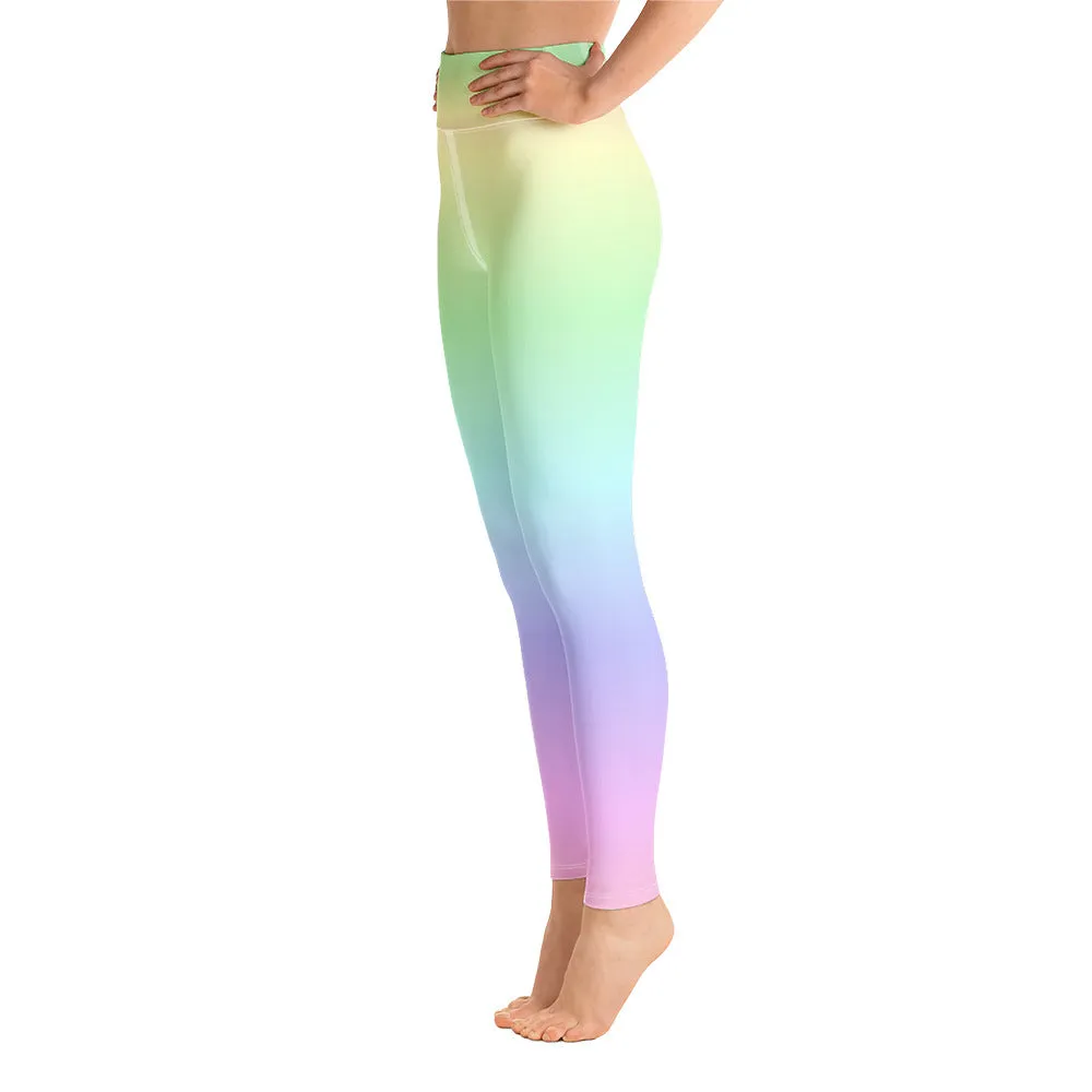 Pastel Rainbow Ombre Yoga Leggings Women, Tie Dye Gradient Kawaii Colorful High Waisted Pants Cute Printed Workout Gym Designer Tights