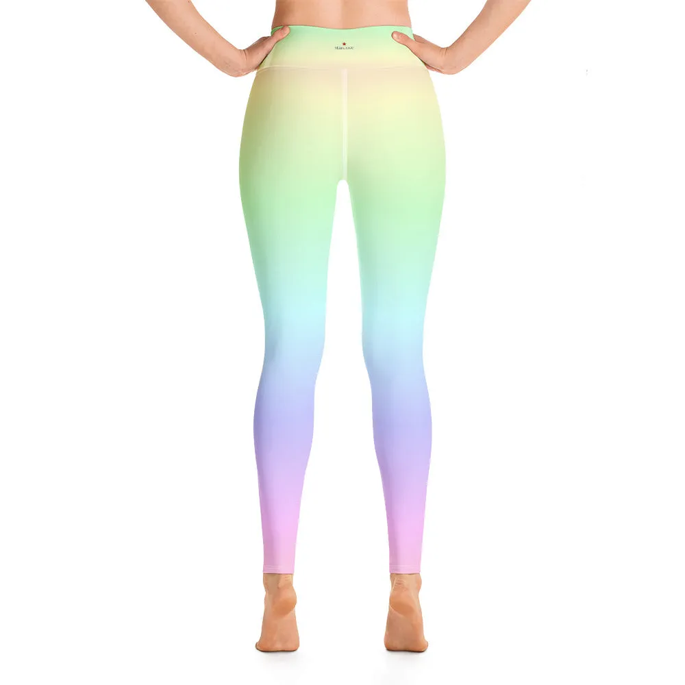 Pastel Rainbow Ombre Yoga Leggings Women, Tie Dye Gradient Kawaii Colorful High Waisted Pants Cute Printed Workout Gym Designer Tights