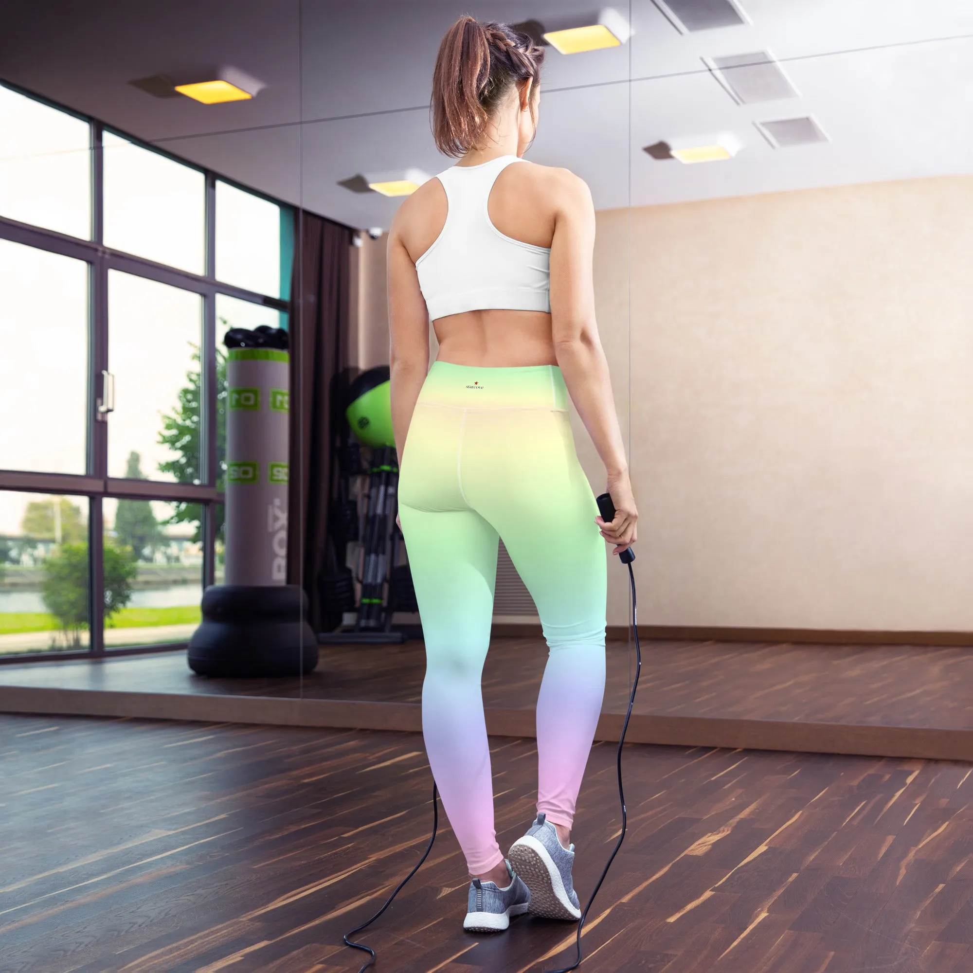 Pastel Rainbow Ombre Yoga Leggings Women, Tie Dye Gradient Kawaii Colorful High Waisted Pants Cute Printed Workout Gym Designer Tights