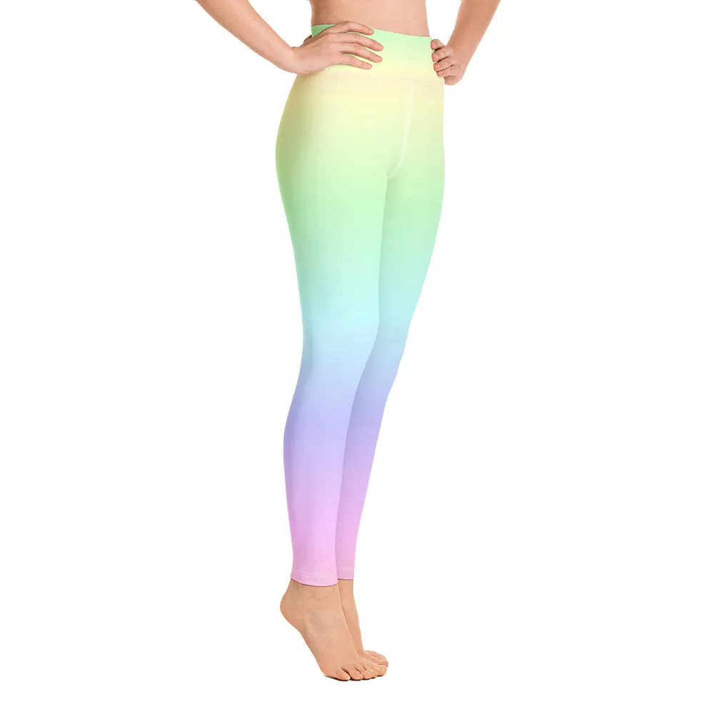 Pastel Rainbow Ombre Yoga Leggings Women, Tie Dye Gradient Kawaii Colorful High Waisted Pants Cute Printed Workout Gym Designer Tights