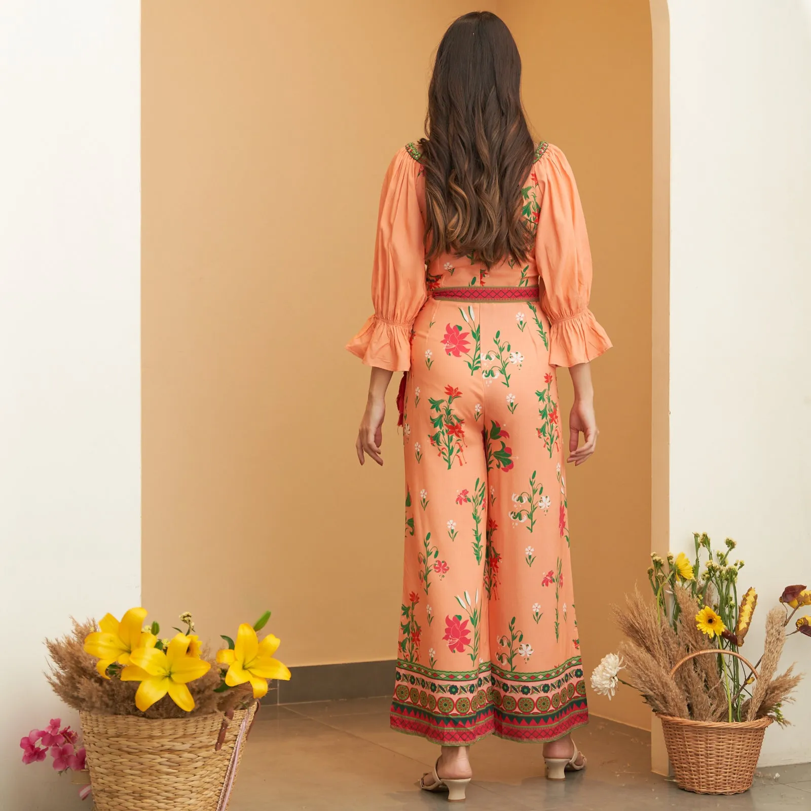 Peach Floral Jumpsuit with Belt