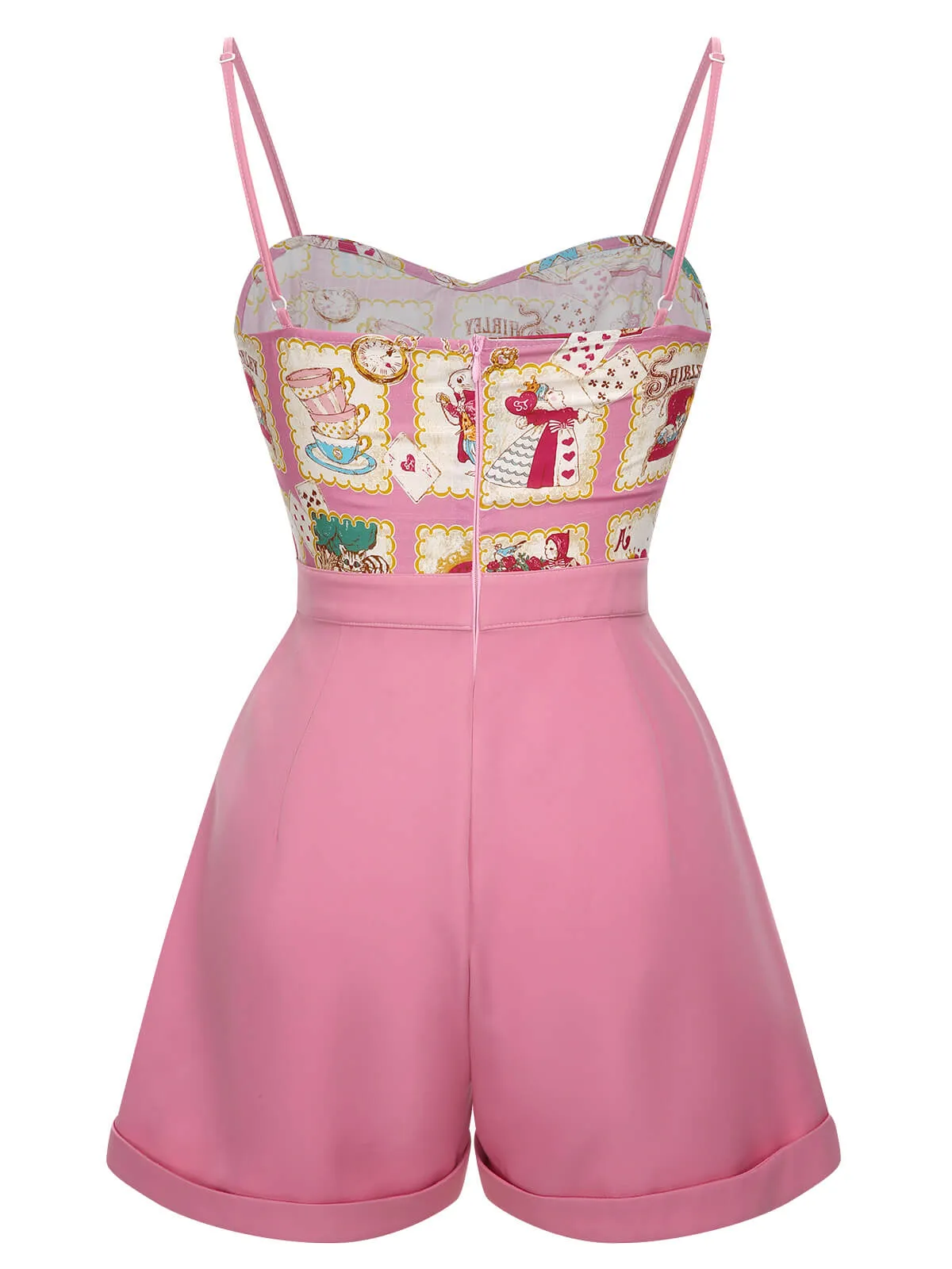 Pink 1950s Cartoon Pattern Spaghetti Strap Romper