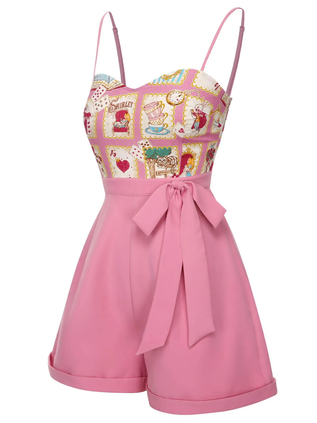 Pink 1950s Cartoon Pattern Spaghetti Strap Romper