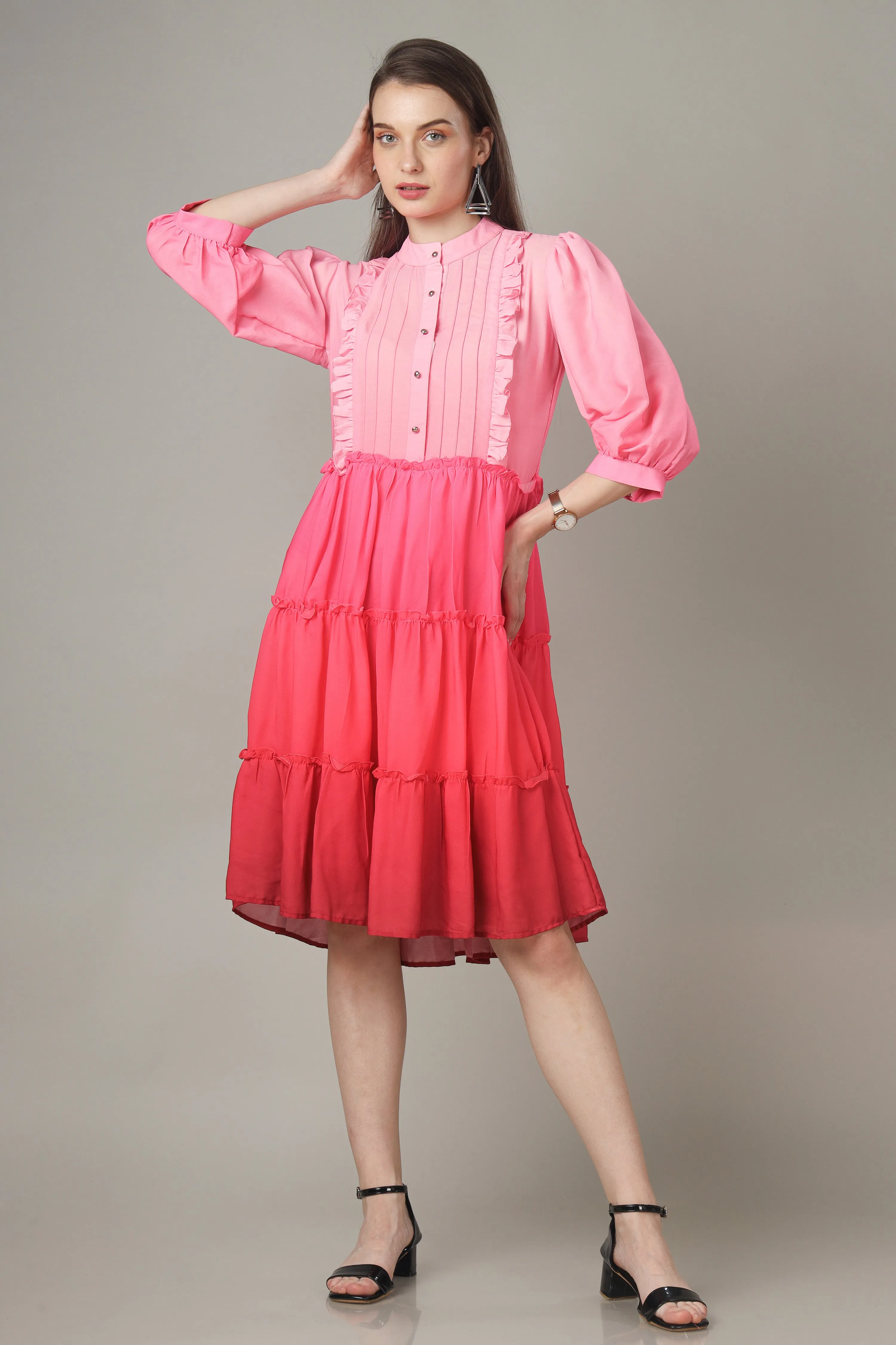 Pink Button Down Tiered Shirt Dress